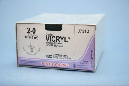 Picture of Suture with Needle Coated Vicryl™ Absorbable Coated Violet Suture Braided Polyglactin 910 Size 2 - 0 18 Inch Suture 1-Needle 40 mm Length 1/2 Circle Taper Point NeedleJ751D