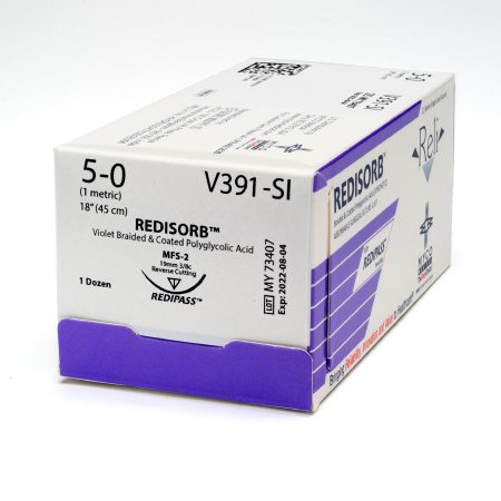 Picture of Suture with Needle Reli® Redisorb™ Absorbable Coated Violet Suture Braided Polyglycolic Acid Suture Size 5 - 0 18 Inch Suture 1-Needle 19 mm Length 3/8 Circle Reverse Cutting NeedleV391-M