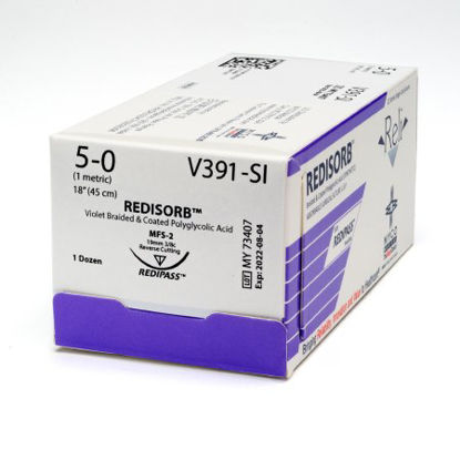 Picture of Suture with Needle Reli® Redisorb™ Absorbable Coated Violet Suture Braided Polyglycolic Acid Suture Size 5 - 0 18 Inch Suture 1-Needle 19 mm Length 3/8 Circle Reverse Cutting NeedleV391-M