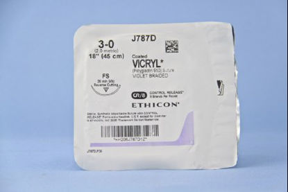 Picture of Suture with Needle Coated Vicryl™ Absorbable Coated Violet Suture Braided Polyglactin 910 Size 3 - 0 18 Inch Suture 1-Needle 26 mm Length 3/8 Circle Reverse Cutting NeedleJ787D