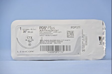 Picture of Antibacterial Suture with Needle PDS Plus™ Absorbable Uncoated Violet Suture Monofilament Polydioxanone with Irgacare MP Antibacterial Suture Size 1 36 Inch Suture 1-Needle 48 mm Length 1/2 Circle Taper Point NeedlePDP371T