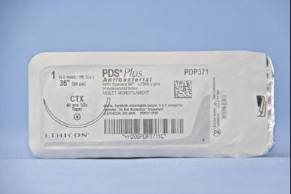 Picture of Antibacterial Suture with Needle PDS Plus™ Absorbable Uncoated Violet Suture Monofilament Polydioxanone with Irgacare MP Antibacterial Suture Size 1 36 Inch Suture 1-Needle 48 mm Length 1/2 Circle Taper Point NeedlePDP371T