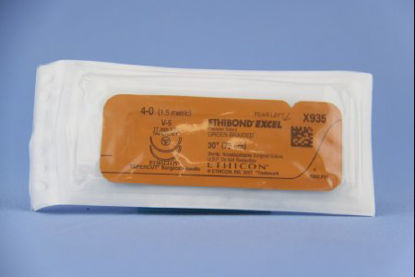 Picture of Suture with Needle Ethibond Nonabsorbable Coated Green Suture Braided Polyester Size 4 - 0 30 Inch Suture Double-Armed 17 mm Length 1/2 Circle Taper Cut NeedleX935H