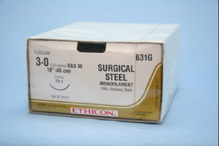 Picture of Suture with Needle Nonabsorbable Uncoated Silver Suture Stainless Steel Size 3 - 0 18 Inch Suture 1-Needle 24 mm Length 3/8 Circle Reverse Cutting Needle631G