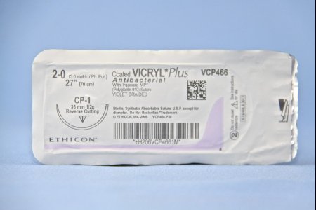 Picture of Antibacterial Suture with Needle Coated Vicryl™ Plus Absorbable Coated Violet Suture Braided Polyglactin 910 with Irgacare MP Antibacterial Suture Size 2 - 0 27 Inch Suture 1-Needle 36 mm Length 1/2 Circle Reverse Cutting NeedleVCP466H