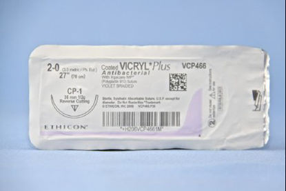 Picture of Antibacterial Suture with Needle Coated Vicryl™ Plus Absorbable Coated Violet Suture Braided Polyglactin 910 with Irgacare MP Antibacterial Suture Size 2 - 0 27 Inch Suture 1-Needle 36 mm Length 1/2 Circle Reverse Cutting NeedleVCP466H