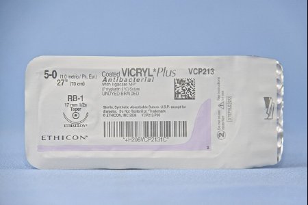 Picture of Antibacterial Suture with Needle Coated Vicryl™ Plus Absorbable Coated Undyed Suture Braided Polyglactin 910 with Irgacare MP Antibacterial Suture Size 5 - 0 27 Inch Suture 1-Needle 17 mm Length 1/2 Circle Taper Point NeedleVCP213H