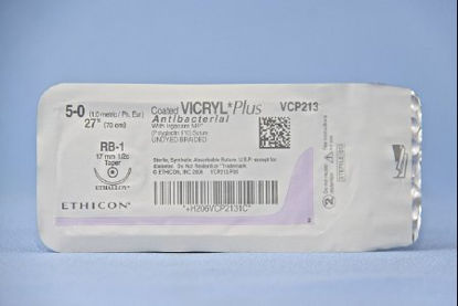 Picture of Antibacterial Suture with Needle Coated Vicryl™ Plus Absorbable Coated Undyed Suture Braided Polyglactin 910 with Irgacare MP Antibacterial Suture Size 5 - 0 27 Inch Suture 1-Needle 17 mm Length 1/2 Circle Taper Point NeedleVCP213H