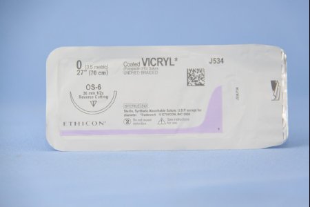 Picture of Suture with Needle Coated Vicryl™ Absorbable Coated Undyed Suture Braided Polyglactin 910 Size 0 27 Inch Suture 1-Needle 36.4 mm Length 1/2 Circle Reverse Cutting NeedleJ534H