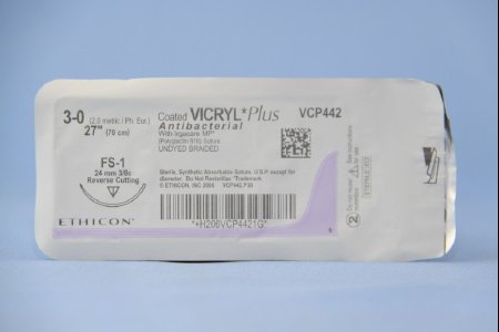 Picture of Antibacterial Suture with Needle Coated Vicryl™ Plus Absorbable Coated Undyed Suture Braided Polyglactin 910 with Irgacare MP Antibacterial Suture Size 3 - 0 27 Inch Suture 1-Needle 24 mm Length 3/8 Circle Reverse Cutting NeedleVCP442H