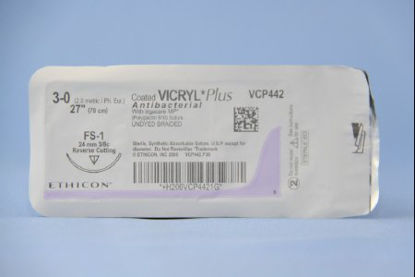 Picture of Antibacterial Suture with Needle Coated Vicryl™ Plus Absorbable Coated Undyed Suture Braided Polyglactin 910 with Irgacare MP Antibacterial Suture Size 3 - 0 27 Inch Suture 1-Needle 24 mm Length 3/8 Circle Reverse Cutting NeedleVCP442H