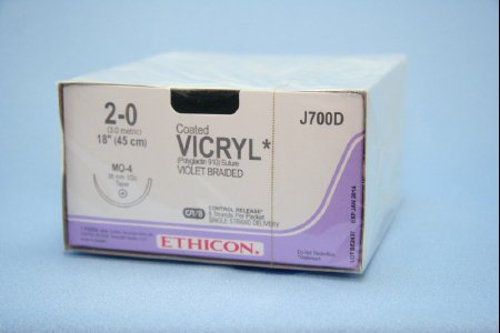 Picture of Suture with Needle Coated Vicryl™ Absorbable Coated Violet Suture Braided Polyglactin 910 Size 2 - 0 18 Inch Suture 1-Needle 36.4 mm Length 1/2 Circle Taper Point NeedleJ700D