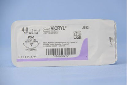 Picture of Suture with Needle Coated Vicryl™ Absorbable Coated Undyed Suture Braided Polyglactin 910 Size 4 - 0 18 Inch Suture 1-Needle 24 mm Length 3/8 Circle Reverse Cutting NeedleJ682H
