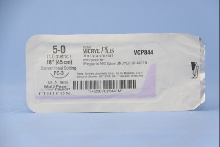 Picture of Antibacterial Suture with Needle Coated Vicryl™ Plus Absorbable Coated Undyed Suture Braided Polyglactin 910 with Irgacare MP Antibacterial Suture Size 5 - 0 18 Inch Suture 1-Needle 16 mm Length 3/8 Circle Precision Cosmetic - Conventional Cutting PRIME NeedleVCP844G