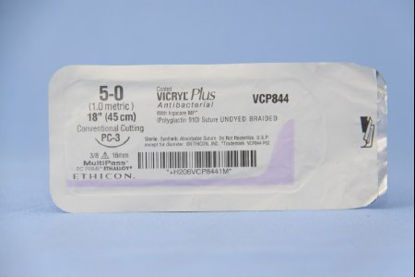 Picture of Antibacterial Suture with Needle Coated Vicryl™ Plus Absorbable Coated Undyed Suture Braided Polyglactin 910 with Irgacare MP Antibacterial Suture Size 5 - 0 18 Inch Suture 1-Needle 16 mm Length 3/8 Circle Precision Cosmetic - Conventional Cutting PRIME NeedleVCP844G