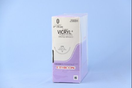 Picture of Suture with Needle Coated Vicryl™ Absorbable Coated Undyed Suture Braided Polyglactin 910 Size 0 27 Inch Suture 1-Needle 48 mm Length 1/2 Circle Reverse Cutting NeedleJ568H