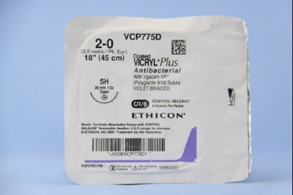 Picture of Antibacterial Suture with Needle Coated Vicryl™ Plus Absorbable Coated Violet Suture Braided Polyglactin 910 with Irgacare MP Antibacterial Suture Size 2 - 0 18 Inch Suture 1-Needle 26 mm Length 1/2 Circle Taper Point NeedleVCP775D