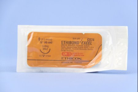 Picture of Suture with Needle Ethibond Nonabsorbable Coated Green Suture Braided Polyester Size 0 18 Inch Suture 1-Needle 17 mm Length 1/2 Circle Reverse Cutting NeedleCX74T