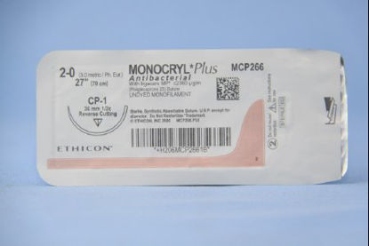Picture of Antibacterial Suture with Needle Monocryl™ Plus Absorbable Uncoated Undyed Suture Poliglecaprone 25 with Irgacare MP Antibacterial Suture Size 2 - 0 27 Inch Suture 1-Needle 36 mm Length 1/2 Circle Reverse Cutting NeedleMCP266H