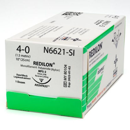 Picture of Suture with Needle Reli® Redilon™ Nonabsorbable Uncoated Black Suture Monofilament Nylon Size 4 - 0 10 Inch Suture 1-Needle 19 mm Length 3/8 Circle Reverse Cutting NeedleN6621-M