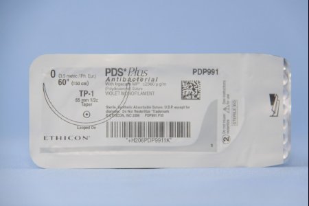 Picture of Antibacterial Suture Loop with Needle PDS Plus™ Absorbable Uncoated Violet Suture Monofilament Polydioxanone with Irgacare MP Antibacterial Suture Size 0 60 Inch Suture 1-Needle 65 mm Length 1/2 Circle Taper Point NeedlePDP991G