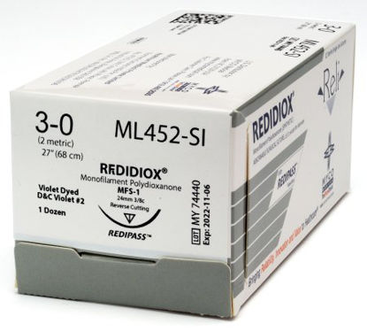 Picture of Suture with Needle Reli® Absorbable Uncoated Violet Suture Monofilament Polydioxanone Size 3 - 0 27 Inch Suture 1-Needle 24 mm Length 3/8 Circle Reverse Cutting NeedleML452-SI