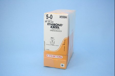 Picture of Suture with Needle Ethibond Nonabsorbable Coated Green Suture Braided Polyester Size 5 - 0 30 Inch Suture Double-Armed 17 mm Length 1/2 Circle Taper Point NeedleX550H