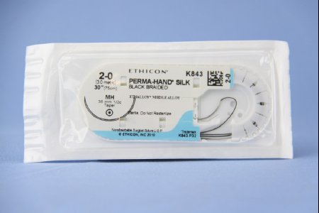 Picture of Suture with Needle Perma-Hand™ Nonabsorbable Coated Black Suture Braided Silk Size 2 - 0 30 Inch Suture 1-Needle 36.4 mm Length 1/2 Circle Taper Point NeedleK843H