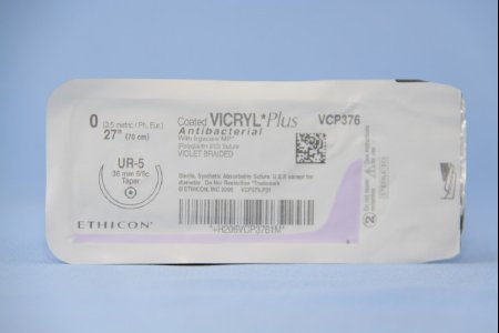 Picture of Antibacterial Suture with Needle Coated Vicryl™ Plus Absorbable Coated Violet Suture Braided Polyglactin 910 with Irgacare MP Antibacterial Suture Size 0 27 Inch Suture 1-Needle 36.4 mm Length 5/8 Circle Taper Point NeedleVCP376H
