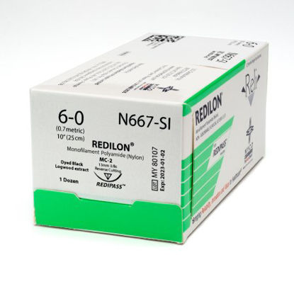 Picture of Suture with Needle Reli® Redilon™ Nonabsorbable Uncoated Black Suture Monofilament Nylon Size 6 - 0 10 Inch Suture 1-Needle 13 mm Length 3/8 Circle Reverse Cutting NeedleN667-M