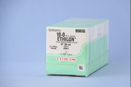 Picture of Suture with Needle Ethilon™ Nonabsorbable Uncoated Black Suture Monofilament Nylon Size 10 - 0 12 Inch Suture Double-Armed 5 mm Length 1/2 Circle Spatula Needle9005G