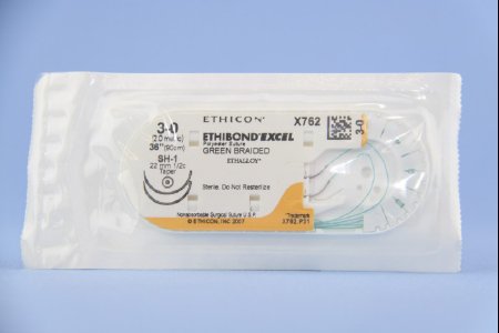 Picture of Suture with Needle Ethibond Nonabsorbable Coated Green Suture Braided Polyester Size 3 - 0 36 Inch Suture Double-Armed 22 mm Length 1/2 Circle Taper Point NeedleX762H