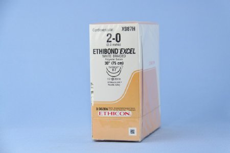 Picture of Suture with Needle Ethibond Nonabsorbable Coated White Suture Braided Polyester Size 2 - 0 30 Inch Suture Double-Armed 26 mm Length 1/2 Circle Taper Cut NeedleX987H