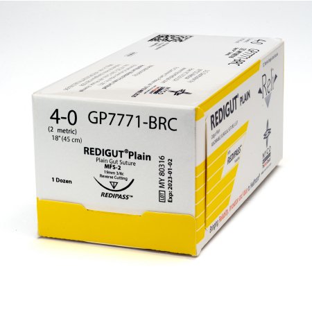 Picture of Suture with Needle Reli® Absorbable Uncoated Undyed Suture Plain Gut Size 4 - 0 18 Inch Suture 1-Needle 19 mm Length 3/8 Circle Reverse Cutting NeedleGP7771-M