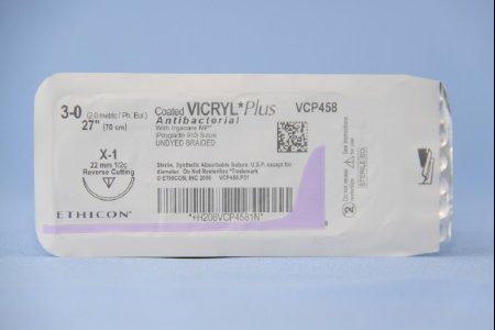 Picture of Antibacterial Suture with Needle Coated Vicryl™ Plus Absorbable Coated Undyed Suture Braided Polyglactin 910 with Irgacare MP Antibacterial Suture Size 3 - 0 27 Inch Suture 1-Needle 22 mm Length 1/2 Circle Reverse Cutting NeedleVCP458H