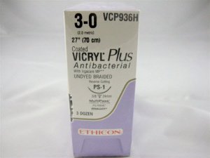 Picture of Antibacterial Suture with Needle Coated Vicryl™ Plus Absorbable Coated Undyed Suture Braided Polyglactin 910 with Irgacare MP Antibacterial Suture Size 3 - 0 27 Inch Suture 1-Needle 24 mm Length 3/8 Circle Precision Point - Reverse Cutting NeedleVCP936H