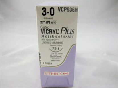 Picture of Antibacterial Suture with Needle Coated Vicryl™ Plus Absorbable Coated Undyed Suture Braided Polyglactin 910 with Irgacare MP Antibacterial Suture Size 3 - 0 27 Inch Suture 1-Needle 24 mm Length 3/8 Circle Precision Point - Reverse Cutting NeedleVCP936H