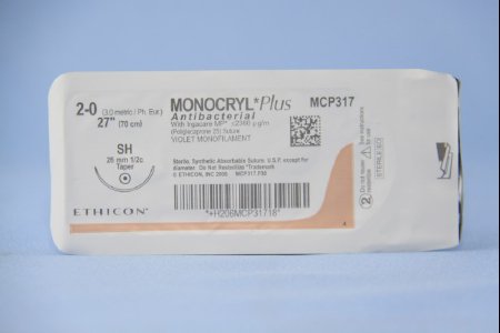 Picture of Antibacterial Suture with Needle Monocryl™ Plus Absorbable Uncoated Violet Suture Poliglecaprone 25 with Irgacare MP Antibacterial Suture Size 2 - 0 27 Inch Suture 1-Needle 26 mm Length 1/2 Circle Taper Point NeedleMCP317H