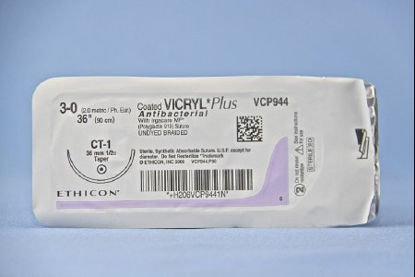 Picture of Antibacterial Suture with Needle Coated Vicryl™ Plus Absorbable Coated Undyed Suture Braided Polyglactin 910 with Irgacare MP Antibacterial Suture Size 3 - 0 36 Inch Suture 1-Needle 36 mm Length 1/2 Circle Taper Point NeedleVCP944H