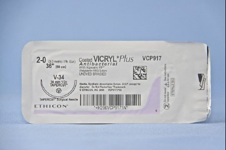 Picture of Antibacterial Suture with Needle Coated Vicryl™ Plus Absorbable Coated Undyed Suture Braided Polyglactin 910 with Irgacare MP Antibacterial Suture Size 2 - 0 36 Inch Suture 1-Needle 36.4 mm Length 1/2 Circle Taper Cut NeedleVCP917H