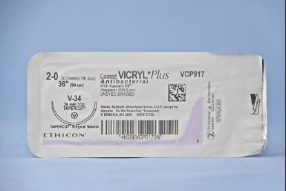 Picture of Antibacterial Suture with Needle Coated Vicryl™ Plus Absorbable Coated Undyed Suture Braided Polyglactin 910 with Irgacare MP Antibacterial Suture Size 2 - 0 36 Inch Suture 1-Needle 36.4 mm Length 1/2 Circle Taper Cut NeedleVCP917H