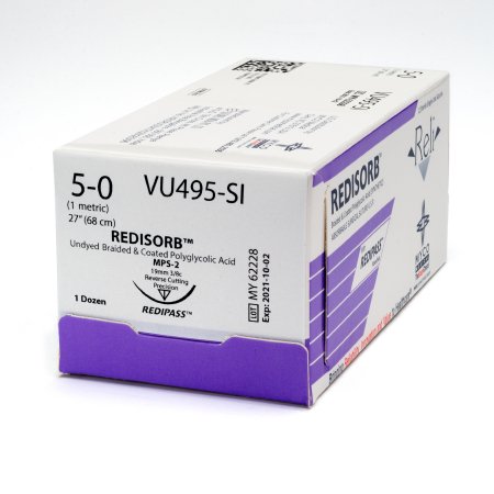 Picture of Suture with Needle Reli® Redisorb™ Absorbable Coated Undyed Suture Braided Polyglycolic Acid Suture Size 3 - 0 27 Inch Suture 1-Needle 19 mm Length 3/8 Circle Precision Reverse Cutting NeedleVU495-M