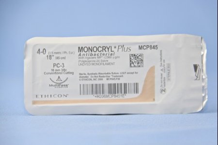 Picture of Antibacterial Suture with Needle Monocryl™ Plus Absorbable Uncoated Undyed Suture Poliglecaprone 25 with Irgacare MP Antibacterial Suture Size 4 - 0 18 Inch Suture 1-Needle 16 mm Length 3/8 Circle Conventional Cutting NeedleMCP845G