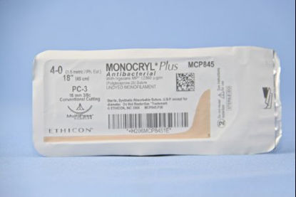 Picture of Antibacterial Suture with Needle Monocryl™ Plus Absorbable Uncoated Undyed Suture Poliglecaprone 25 with Irgacare MP Antibacterial Suture Size 4 - 0 18 Inch Suture 1-Needle 16 mm Length 3/8 Circle Conventional Cutting NeedleMCP845G