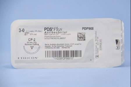 Picture of Antibacterial Suture with Needle PDS Plus™ Absorbable Uncoated Violet Suture Monofilament Polydioxanone with Irgacare MP Antibacterial Suture Size 3 - 0 27 Inch Suture 1-Needle 26 mm Length 1/2 Circle Reverse Cutting NeedlePDP968H