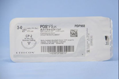 Picture of Antibacterial Suture with Needle PDS Plus™ Absorbable Uncoated Violet Suture Monofilament Polydioxanone with Irgacare MP Antibacterial Suture Size 3 - 0 27 Inch Suture 1-Needle 26 mm Length 1/2 Circle Reverse Cutting NeedlePDP968H