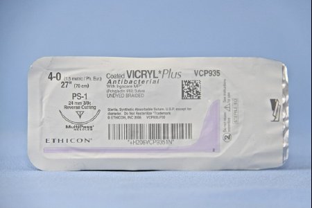 Picture of Antibacterial Suture with Needle Coated Vicryl™ Plus Absorbable Coated Undyed Suture Braided Polyglactin 910 with Irgacare MP Antibacterial Suture Size 4 - 0 27 Inch Suture 1-Needle 24 mm Length 3/8 Circle Precision Point - Reverse Cutting NeedleVCP935H