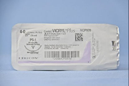 Picture of Antibacterial Suture with Needle Coated Vicryl™ Plus Absorbable Coated Undyed Suture Braided Polyglactin 910 with Irgacare MP Antibacterial Suture Size 4 - 0 27 Inch Suture 1-Needle 24 mm Length 3/8 Circle Precision Point - Reverse Cutting NeedleVCP935H