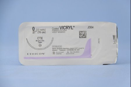 Picture of Suture with Needle Coated Vicryl™ Absorbable Coated Violet Suture Braided Polyglactin 910 Size 0 27 Inch Suture 1-Needle 48 mm Length 1/2 Circle Taper Point NeedleJ364H