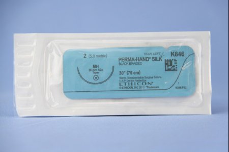 Picture of Suture with Needle Perma-Hand™ Nonabsorbable Coated Black Suture Braided Silk Size 2 30 Inch Suture 1-Needle 36.4 mm Length 1/2 Circle Taper Point NeedleK846H